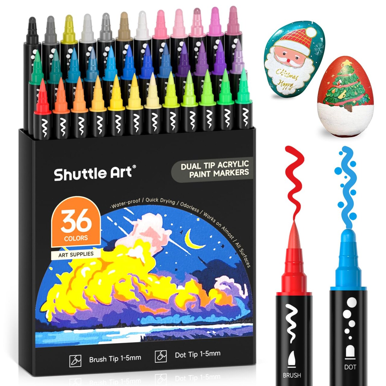36 Colors Dual Tip Acrylic Paint Markers, Brush Tip and Dot Tip Acrylic Paint Pens for Rock Painting, Ceramic, Wood, Canvas, Plastic, Glass, Stone, Calligraphy, Card Making, DIY Crafts